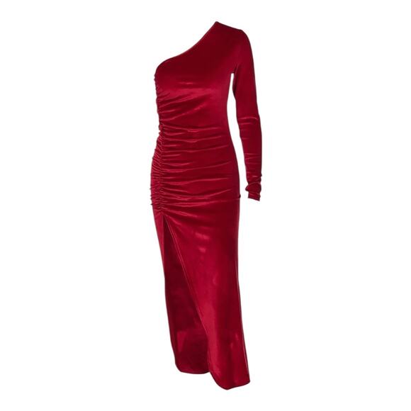 NEW Boutique Red Velvet One Shoulder Ruched Slit Glam Holiday Evening Dress - Picture 6 of 8